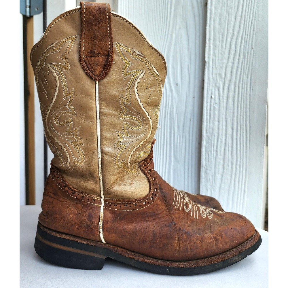Patron Sz 8.5 Brown Tan Leather Western Cowboy Boots Embroidered Rodeo Ranch